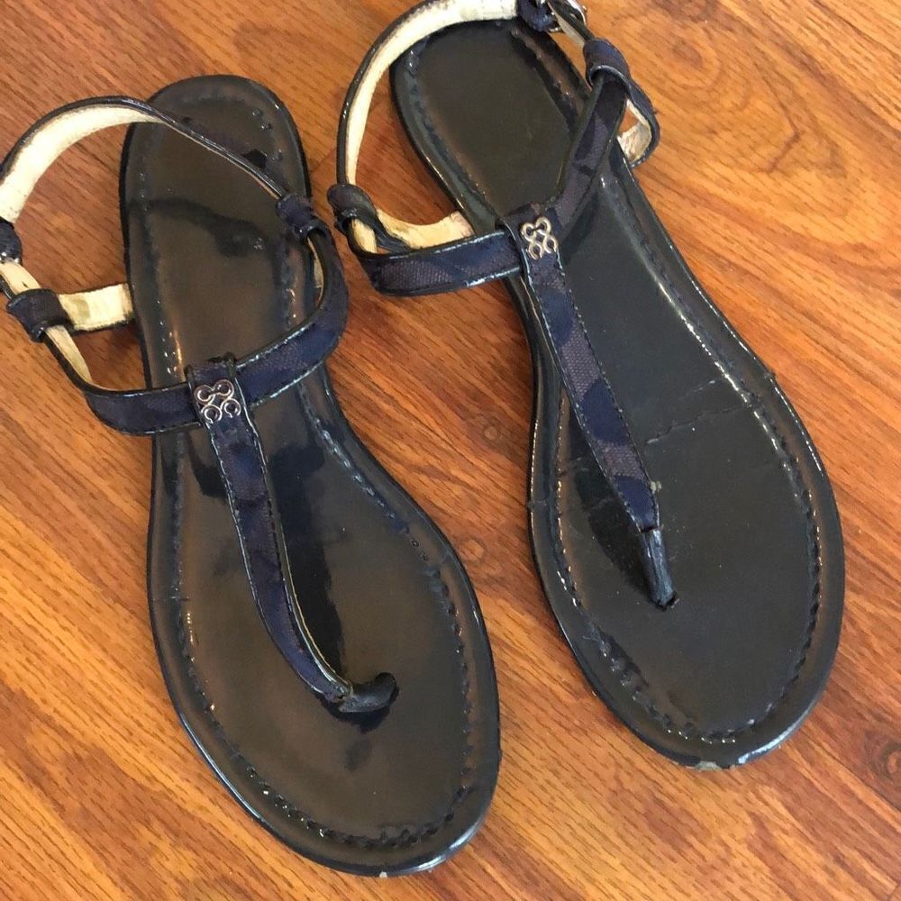 Coach Patent leather denim logo sandals, size 7 navy